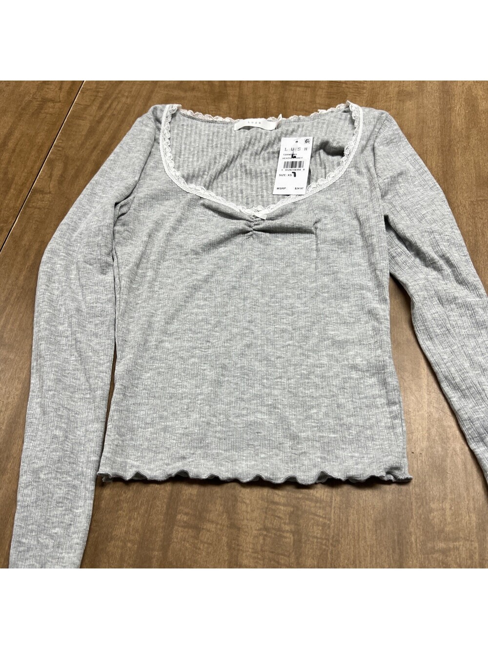 Lush Women's Ribbed Long Sleeve Top With White Lace V Neck Gray size XS
